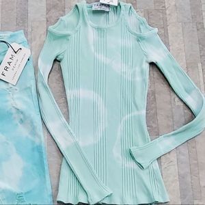 NWT $125 FRAME | AQUA TIE DYE | MOSTLY COTTON | COLD SHOULDER TOP | XS